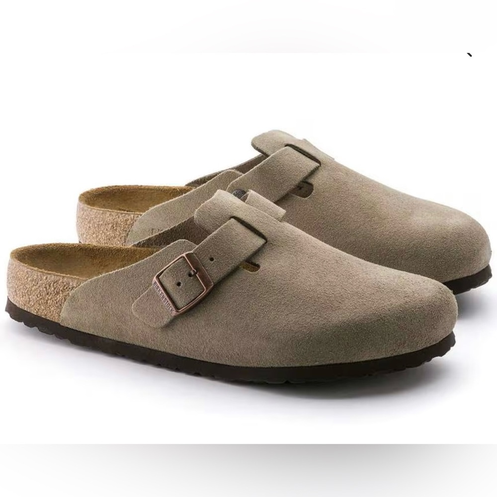 NWT Taupe Suede Clogs with Buckle